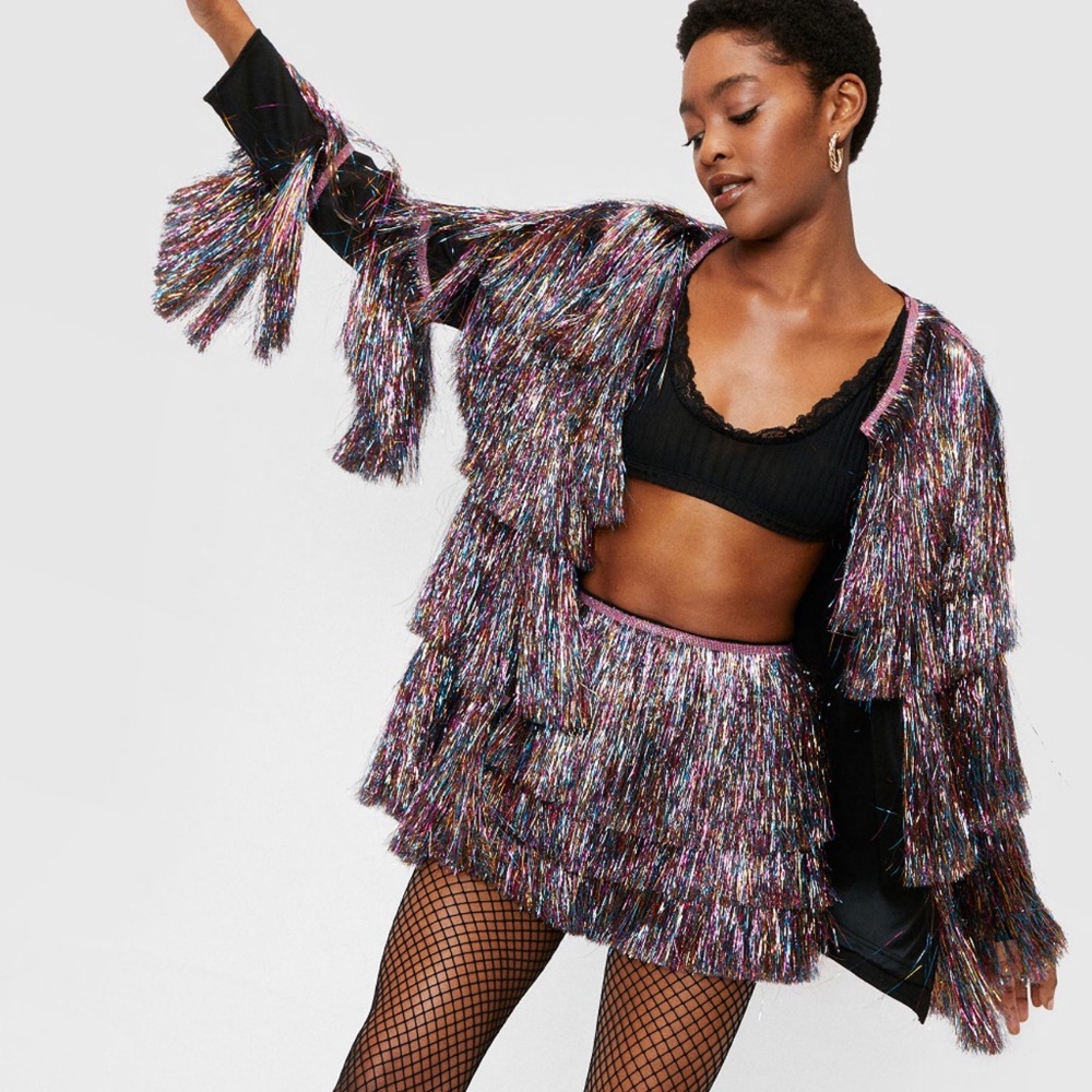 Metallic Tiered Fringe Open Front Jacket